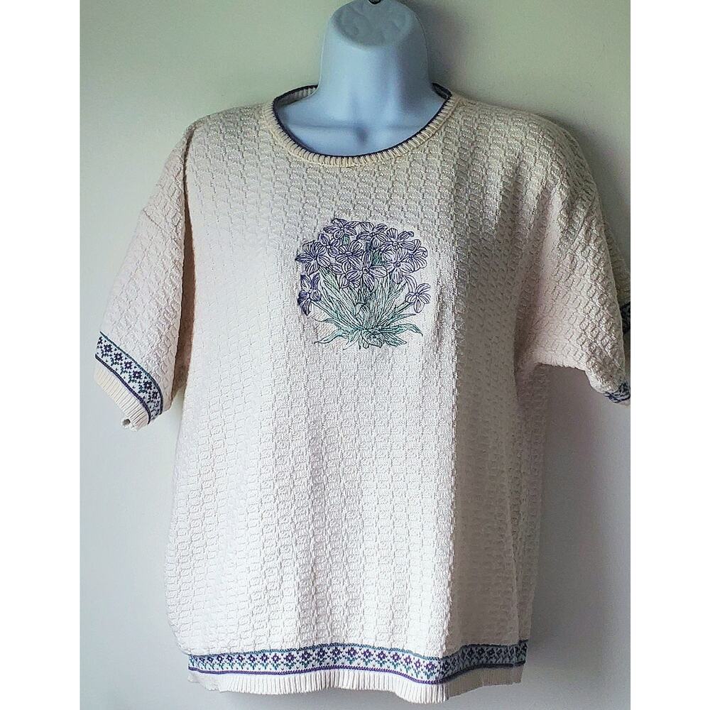 Vintage Chelsea Gardens Womens Tan Floral Short Sleeve Sweater SzMed Granny 80s